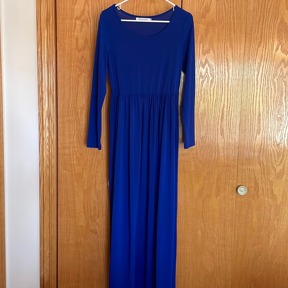 Royal blue silk maxi dress.
